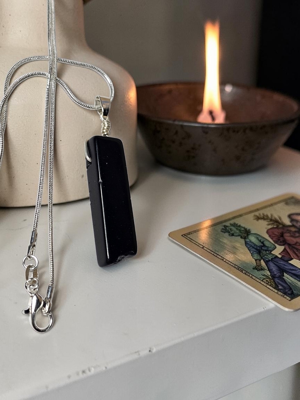 Black Obsidian Rectangular Stone Pendant Necklace